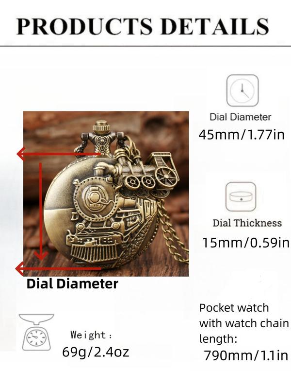 Vintage Train Pattern Round Dial Pocket Watch with Pendant, Men's Punk Style Casual Watch for Daily Use, All-match Trendy Jewelry