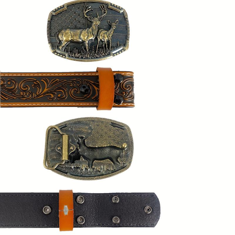 Men Women Western Denim Cowgirl Belt Deer Head Buckle Carved Embossed Leather Belt Denim Competitive Country Jeans