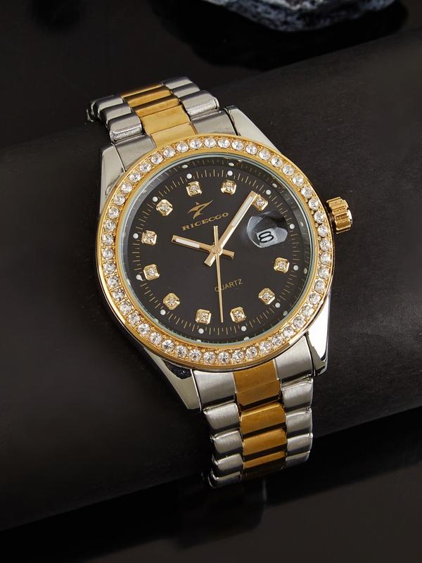 Classic Rhinestone Decorated Analog Quartz Watch, Round Dial Stainless Steel Strap Watch for Business, with Box, Trendy All-match Watch for Birthday Gift