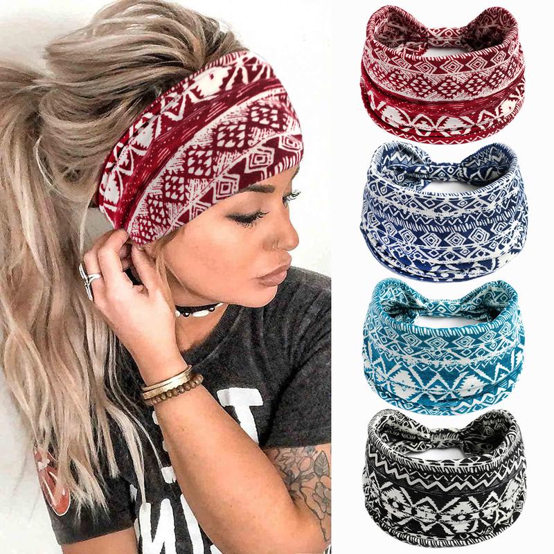 Paisley Pattern Knot Design Hair Band 4Pcs Boho Wide Elastic Hair Wraps for Gym Workout Hair Accessories for Yoga Wear Dance Headbands for Women