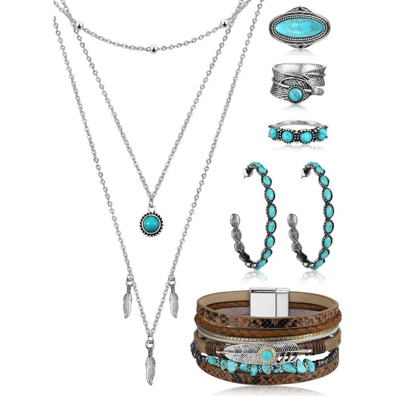 Bohemian Western Jewelry Turquoise Set Women Bohemian Pendant Long Choker Layered Bracelets Turquoise Earrings Ring