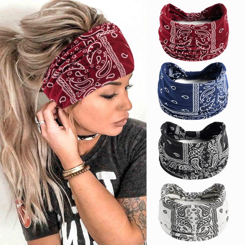 Paisley Pattern Knot Design Hair Band 4Pcs Boho Wide Elastic Hair Wraps for Gym Workout Hair Accessories for Yoga Wear Dance Headbands for Women