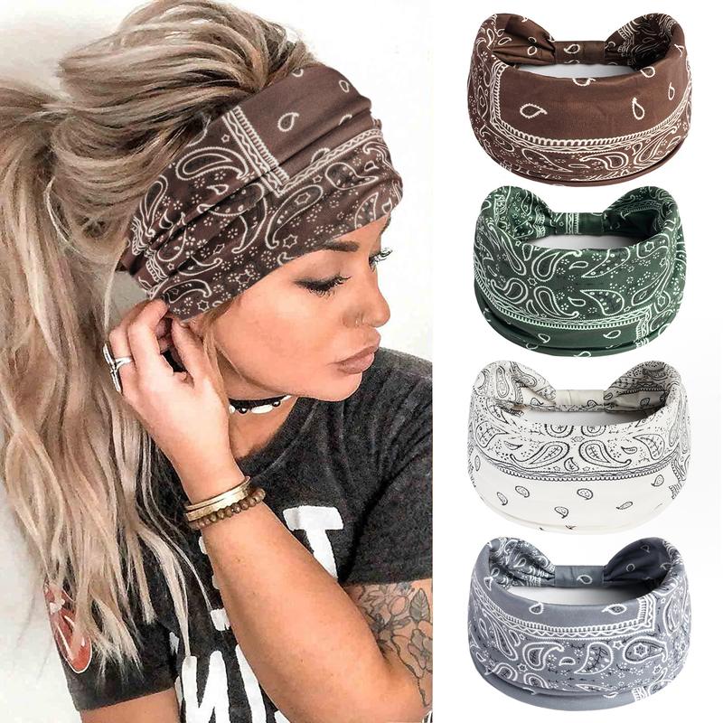 Paisley Pattern Knot Design Hair Band 4Pcs Boho Wide Elastic Hair Wraps for Gym Workout Hair Accessories for Yoga Wear Dance Headbands for Women