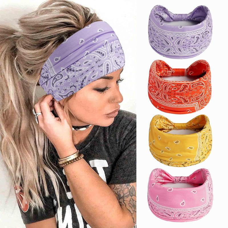 Paisley Pattern Knot Design Hair Band 4Pcs Boho Wide Elastic Hair Wraps for Gym Workout Hair Accessories for Yoga Wear Dance Headbands for Women