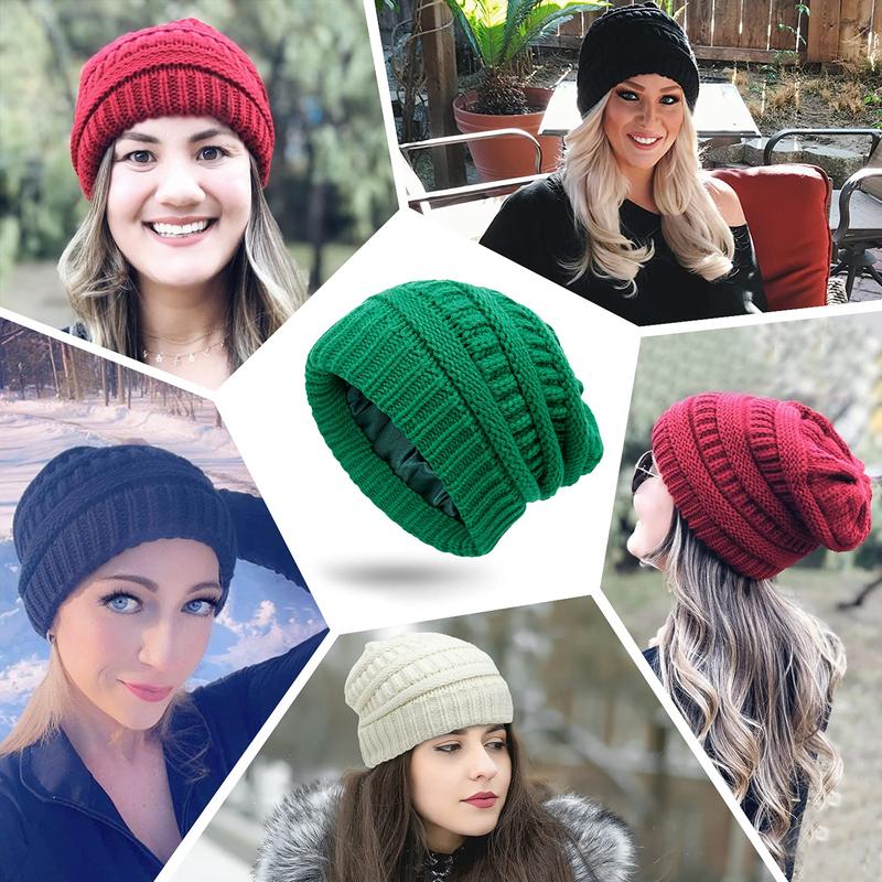 1 Pack   2 Pack Satin Lined Beanie Hats for Women Men Winter Warm Knitted Cuffed Silk Lined Slouchy Skull Cap