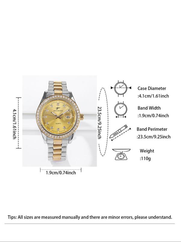 Classic Rhinestone Decorated Analog Quartz Watch, Round Dial Stainless Steel Strap Watch for Business, with Box, Trendy All-match Watch for Birthday Gift