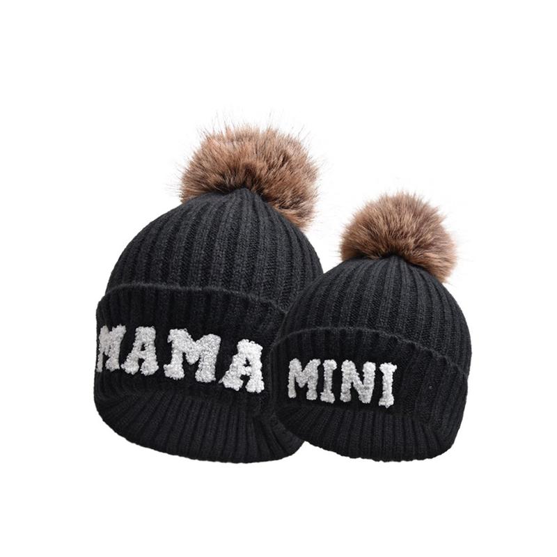 Mommy and Me Matching Hat Parent-Child Beanie Hat Mother & Kids Winter Warm Knit Hat Letter Embroidery Family Matching Crochet Cap