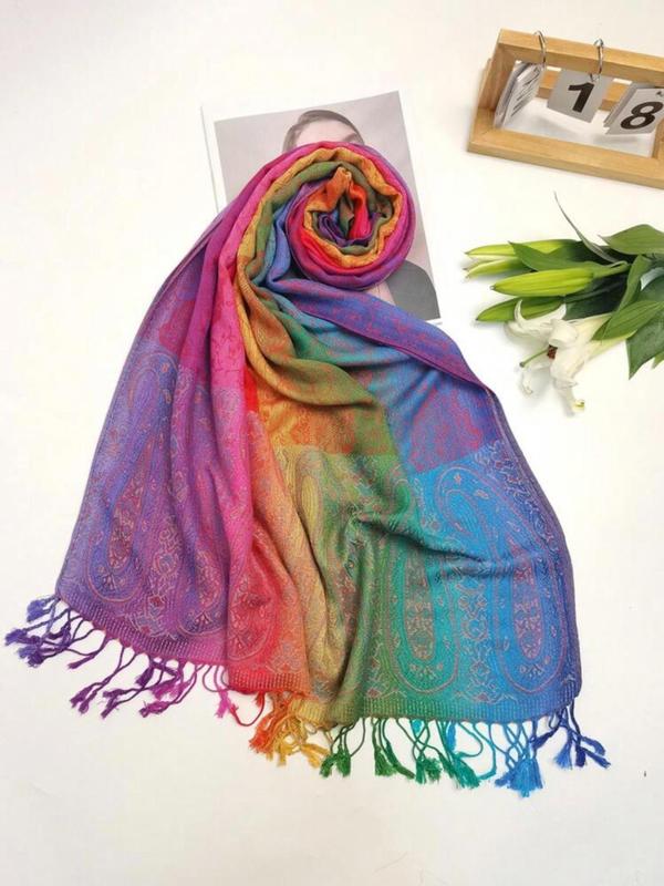 Boho Style Paisley Pattern Fringe Trim Design Scarf, Colorful Long Shawl for Women, Fashion Accessories for Daily Wear