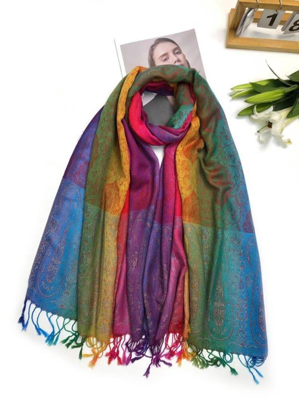 Boho Style Paisley Pattern Fringe Trim Design Scarf, Colorful Long Shawl for Women, Fashion Accessories for Daily Wear