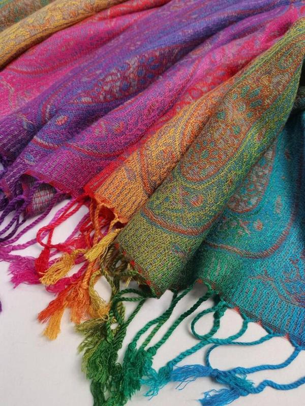 Boho Style Paisley Pattern Fringe Trim Design Scarf, Colorful Long Shawl for Women, Fashion Accessories for Daily Wear