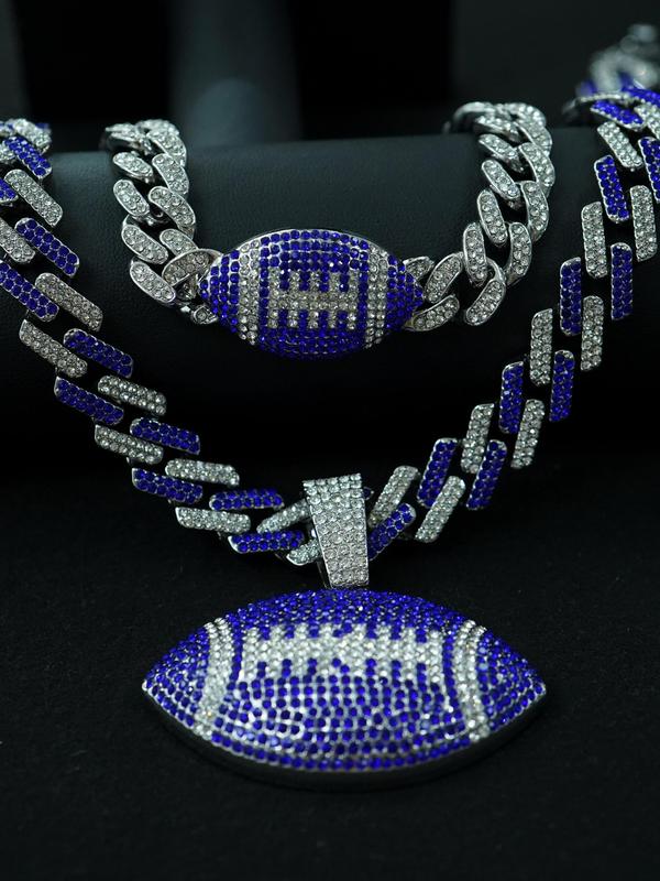 Men's Street Trend Colorblock Football Design Pendant Necklace & Bracelet, Rhinestone Decorated Jewelry Set, Fashionable Hip Hop Jewelry Set for Party Decor