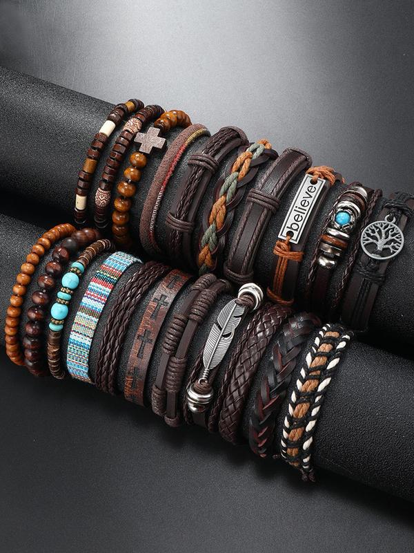 Boho Style Leather Braided Bracelet & Beaded Bracelet, Vintage Trendy Bracelet for Men & Women, Fashion Accessories for Daily Wear, Trendy All-match & Exquisite Jewelry for Birthday Gift