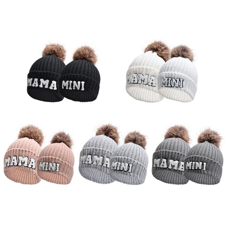 Mommy and Me Matching Hat Parent-Child Beanie Hat Mother & Kids Winter Warm Knit Hat Letter Embroidery Family Matching Crochet Cap