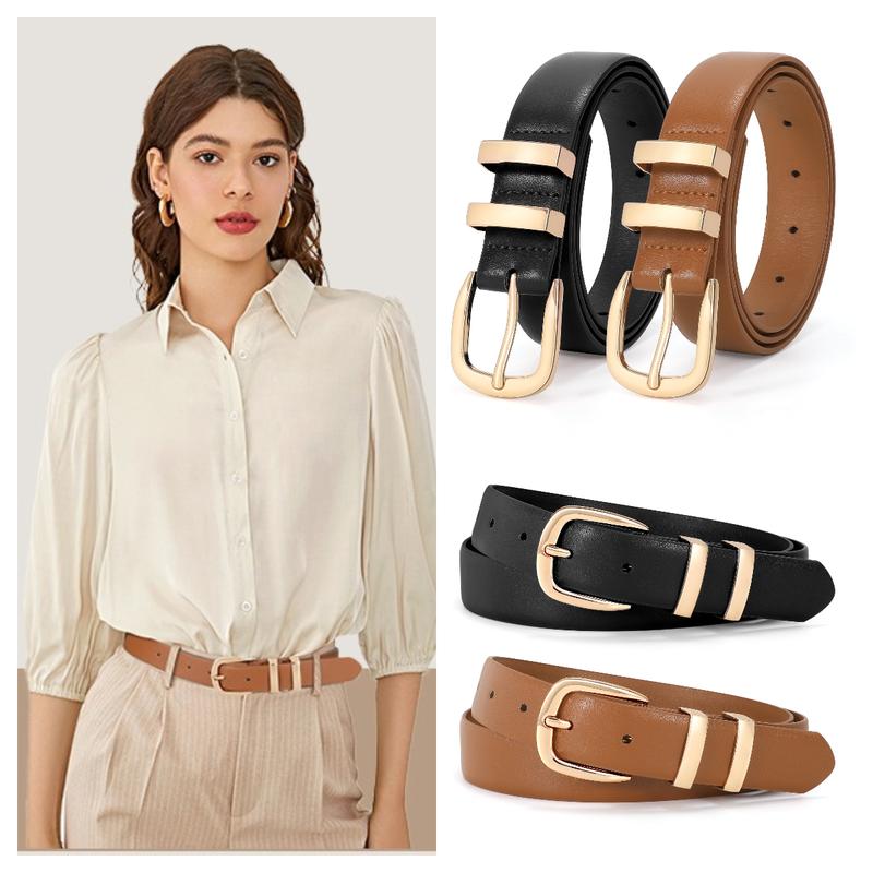 XZQTIVE 2 Pack Women Leather Belt Fashion Gold Buckle Ladies Leather Waist Belt for Jeans Dress