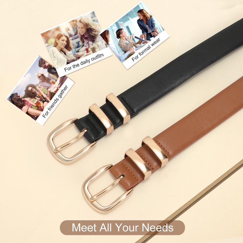 XZQTIVE 2 Pack Women Leather Belt Fashion Gold Buckle Ladies Leather Waist Belt for Jeans Dress