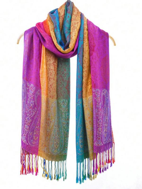 Boho Style Paisley Pattern Fringe Trim Design Scarf, Colorful Long Shawl for Women, Fashion Accessories for Daily Wear