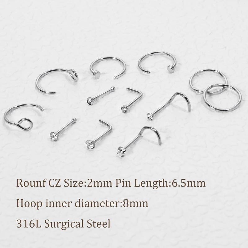 20G Gold Nose Rings Studs Set Surgical Steel Hypoallergenic CZ L Shaped Nose Studs for Women Men TikTok Jewelry