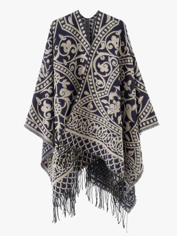 Women's All Over Print Tassel Decor Shawl, Casual Street Style Scarf for Fall & Winter, Fashion Accessories for Women & Girls