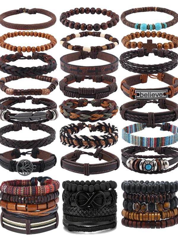 Boho Style Leather Braided Bracelet & Beaded Bracelet, Vintage Trendy Bracelet for Men & Women, Fashion Accessories for Daily Wear, Trendy All-match & Exquisite Jewelry for Birthday Gift