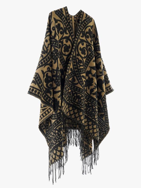 Women's All Over Print Tassel Decor Shawl, Casual Street Style Scarf for Fall & Winter, Fashion Accessories for Women & Girls