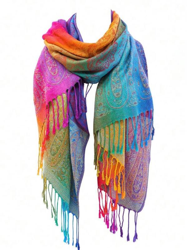 Boho Style Paisley Pattern Fringe Trim Design Scarf, Colorful Long Shawl for Women, Fashion Accessories for Daily Wear