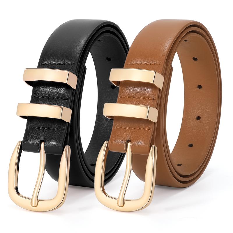 XZQTIVE 2 Pack Women Leather Belt Fashion Gold Buckle Ladies Leather Waist Belt for Jeans Dress