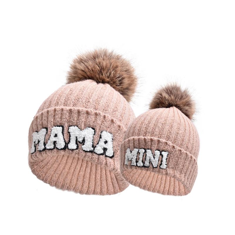 Mommy and Me Matching Hat Parent-Child Beanie Hat Mother & Kids Winter Warm Knit Hat Letter Embroidery Family Matching Crochet Cap