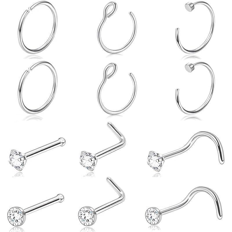 20G Gold Nose Rings Studs Set Surgical Steel Hypoallergenic CZ L Shaped Nose Studs for Women Men TikTok Jewelry